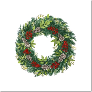 Holiday Wreath With Pine Cones and Berries Posters and Art